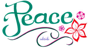 The word "Peace" written in green with a large red flower on the lower right hand corner with two smaller pink flowers next to it. 