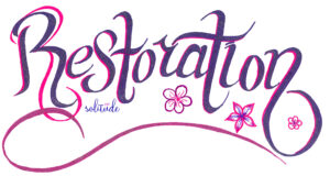 The word Restoration written in purple with three flowers below in 