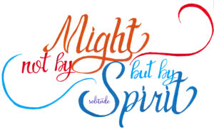 Not by might, but by spirit written in red and blue