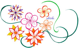 Drawings of six different flowers in many different colours with dark green and light green swirls all around them