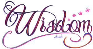 the word "Wisdom" written in pink and purple with pink and purple swirls below it