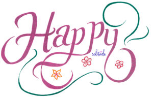 the word "Happy" written in pink with green swirls at the bottom and top right hand side