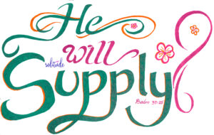 the words, "He Will Supply" written in green and pink. A pink flower is on the right hand side with pink swirls