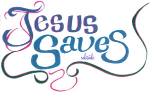 The words "Jesus Saves" written in dark blue and light blue 