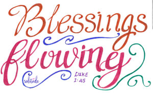 the words "Blessings Flowing" written in orange and pink. There are green swirls on the lower right hand side. 