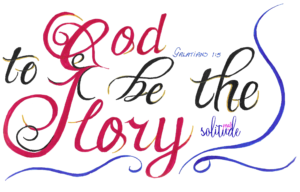 the words "to God be the Glory" written in red and black