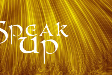 "Speak up" in white letter with gold background